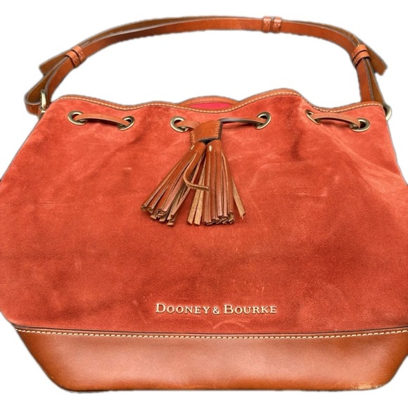 Dooney & Bourke Suede Drawstring Bucket Bag Orange Rust Tassel Leather Vintage - Picture 2 of 14